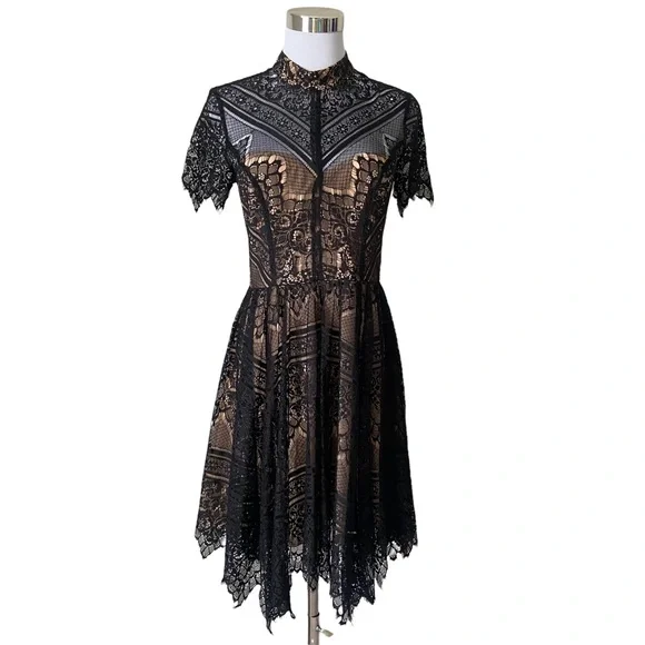 Lulu’s Ryse the Label Katie Black and Nude Lace Short Sleeve Skater Dress - Picture 3 of 15